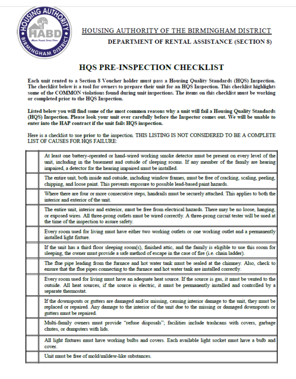 Section 8 Housing Inspection Checklist